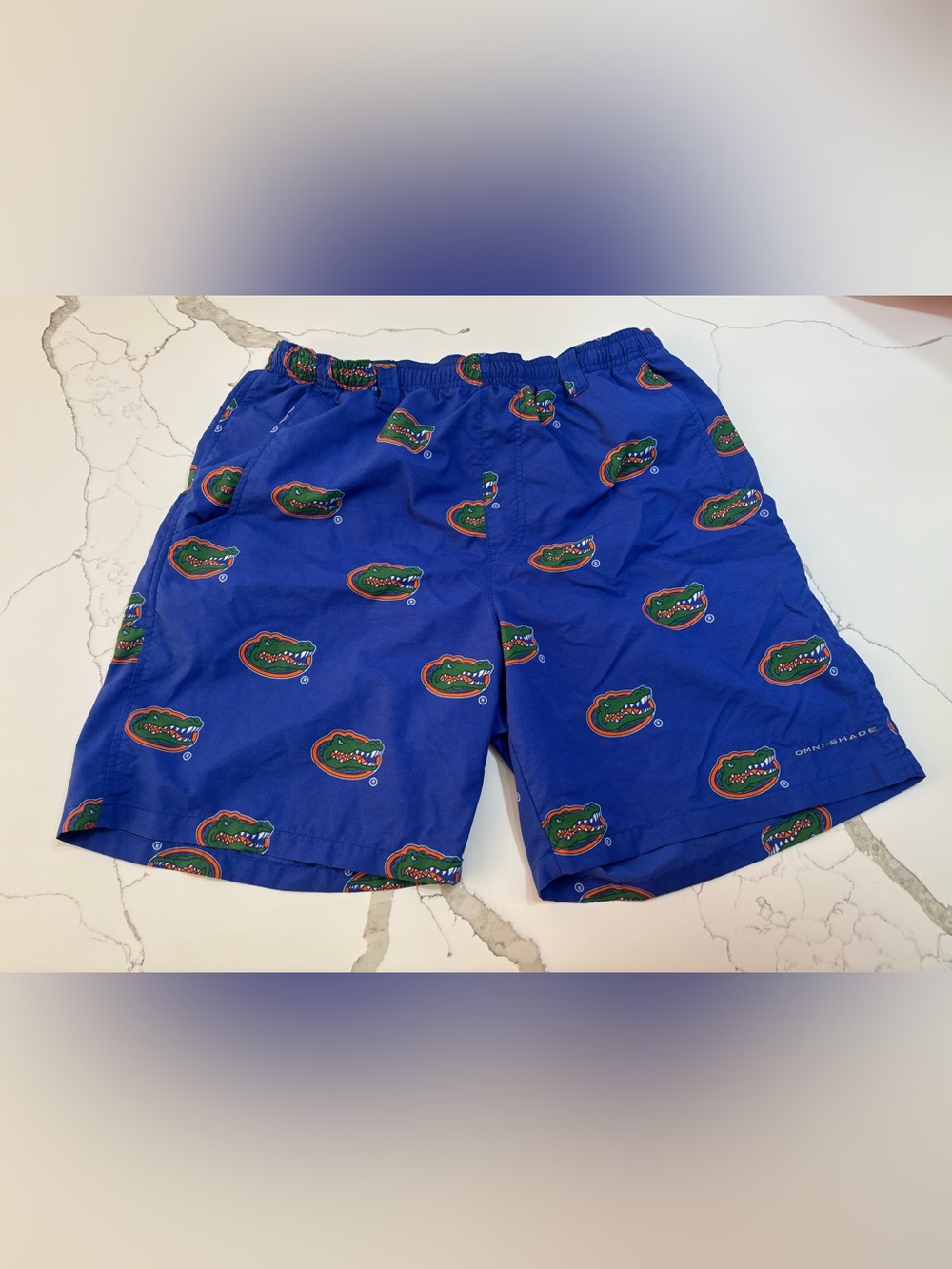 Columbia Blue Swim Trunks with Green & Orange Gator Print